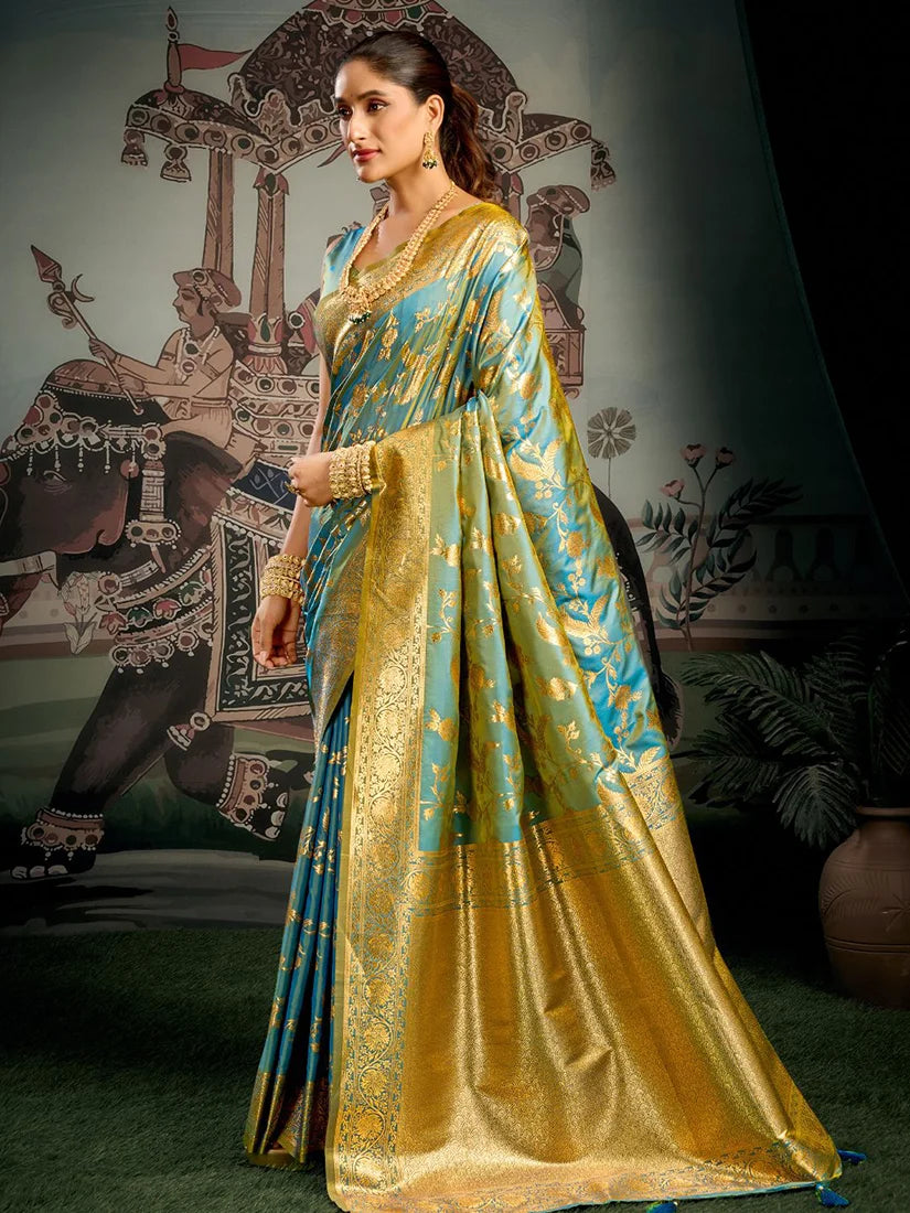 Turquoise Kanjivaram-Style Silk Blend Saree with Zari Jaal, side