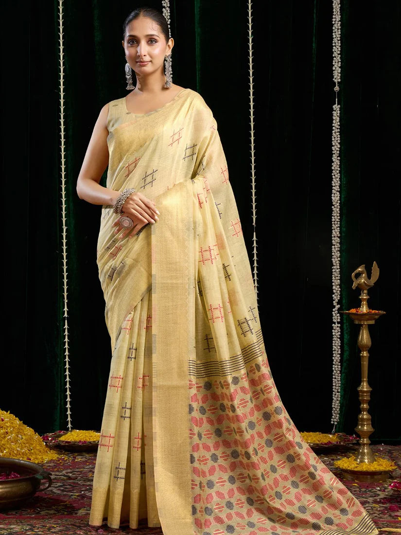Cream Cotton Blend Saree with Woven Geometric Motifs, front