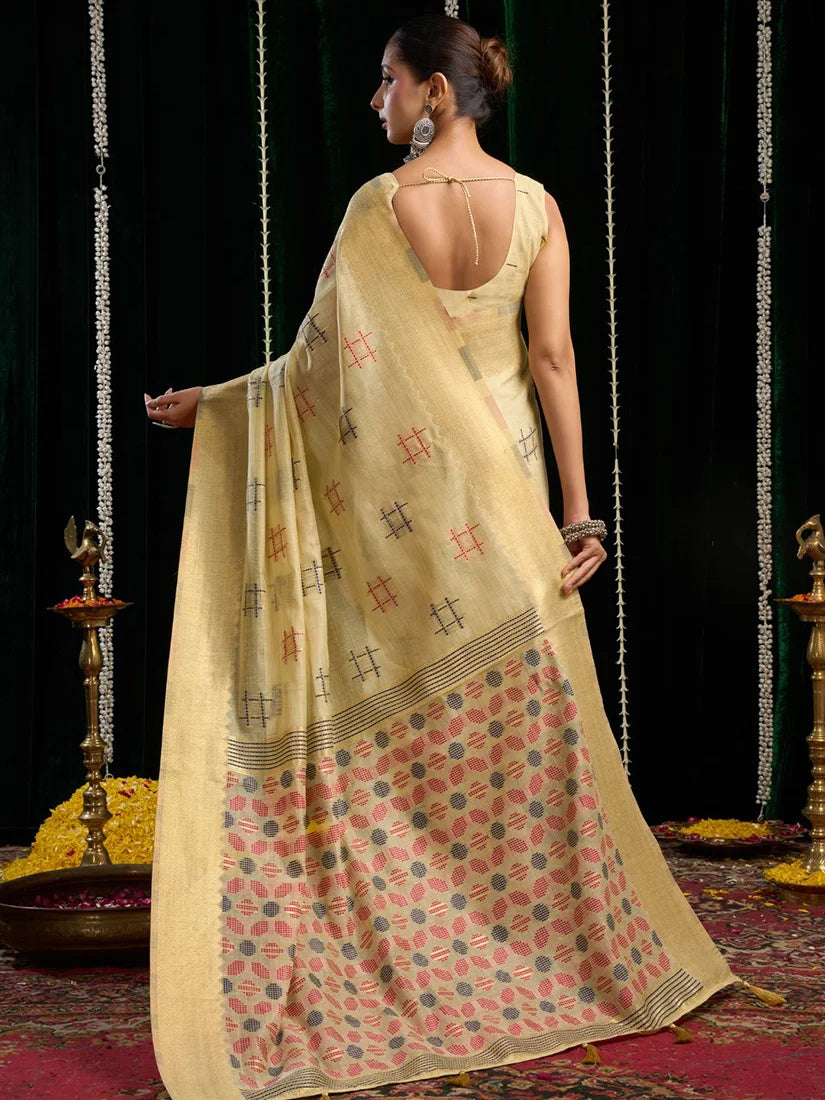 Cream Cotton Blend Saree with Woven Geometric Motifs, back with pallu