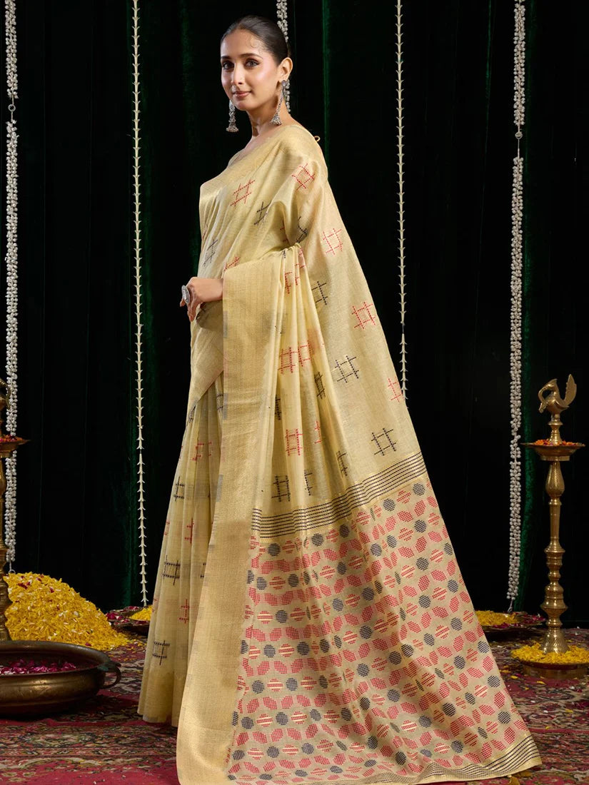 Cream Cotton Blend Saree with Woven Geometric Motifs, side
