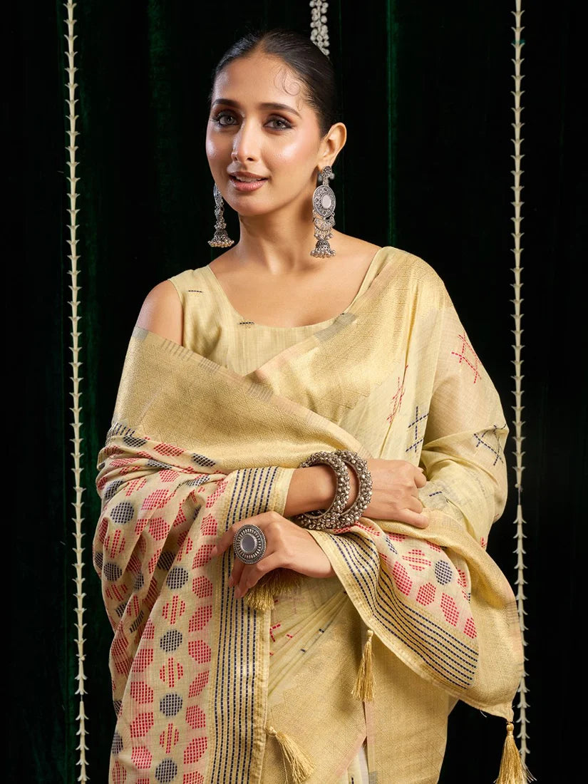 Cream Cotton Blend Saree with Woven Geometric Motifs, drape detail