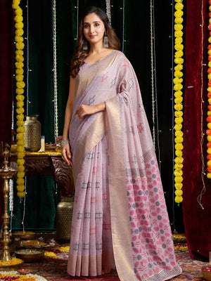 Lavender Cotton Blend Saree with Woven Geometric Motifs