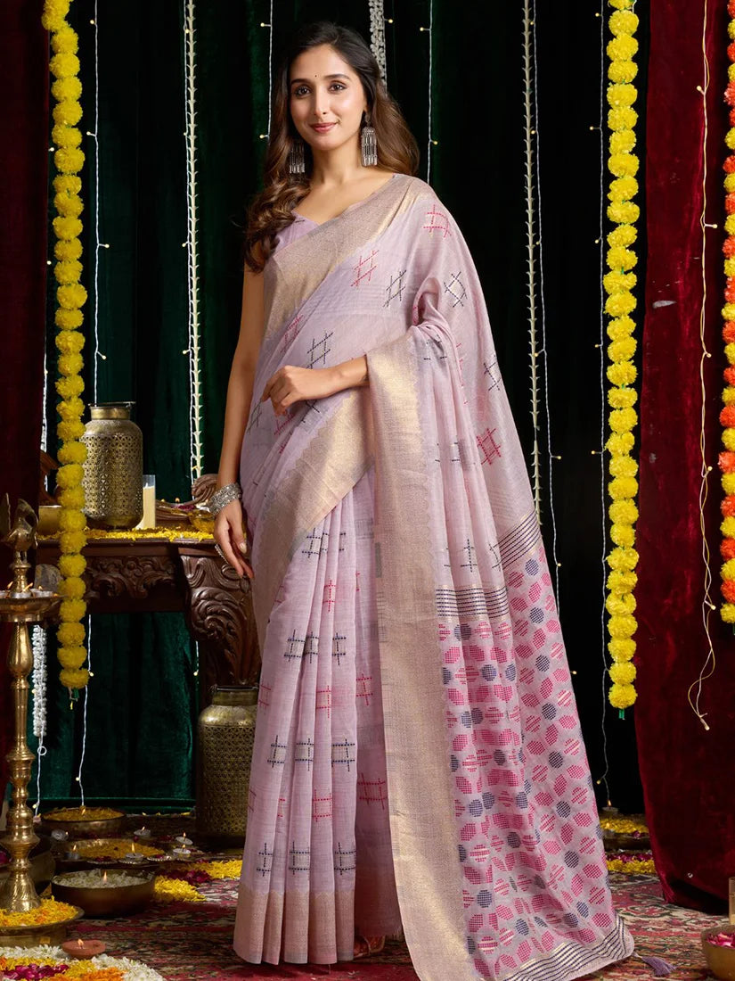Lavender Cotton Blend Saree with Woven Geometric Motifs, front
