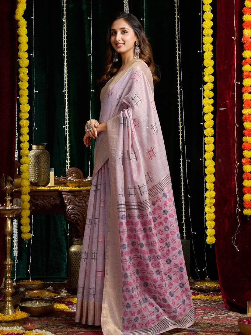 Lavender Cotton Blend Saree with Woven Geometric Motifs, side