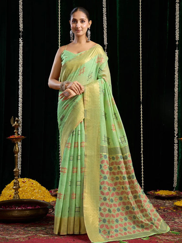 Sea Green Cotton Blend Saree with Woven Geometric Motifs, front