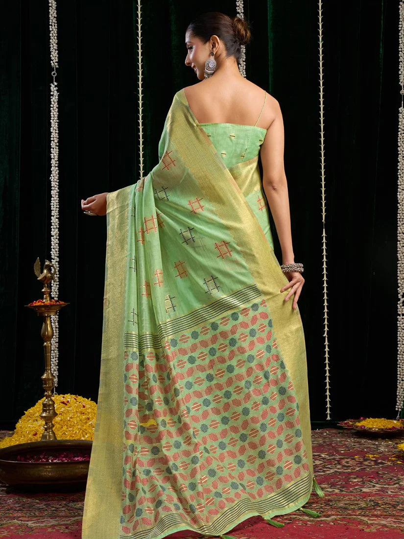 Sea Green Cotton Blend Saree with Woven Geometric Motifs, back with pallu