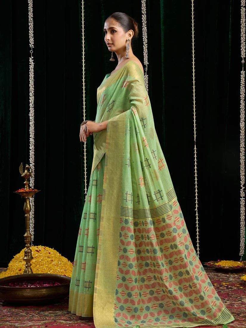 Sea Green Cotton Blend Saree with Woven Geometric Motifs, side