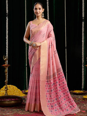 Pink Cotton Blend Saree with Woven Geometric Motifs