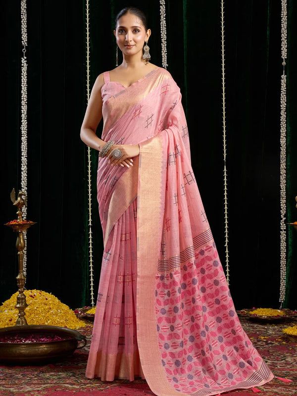 Pink Cotton Blend Saree with Woven Geometric Motifs, front