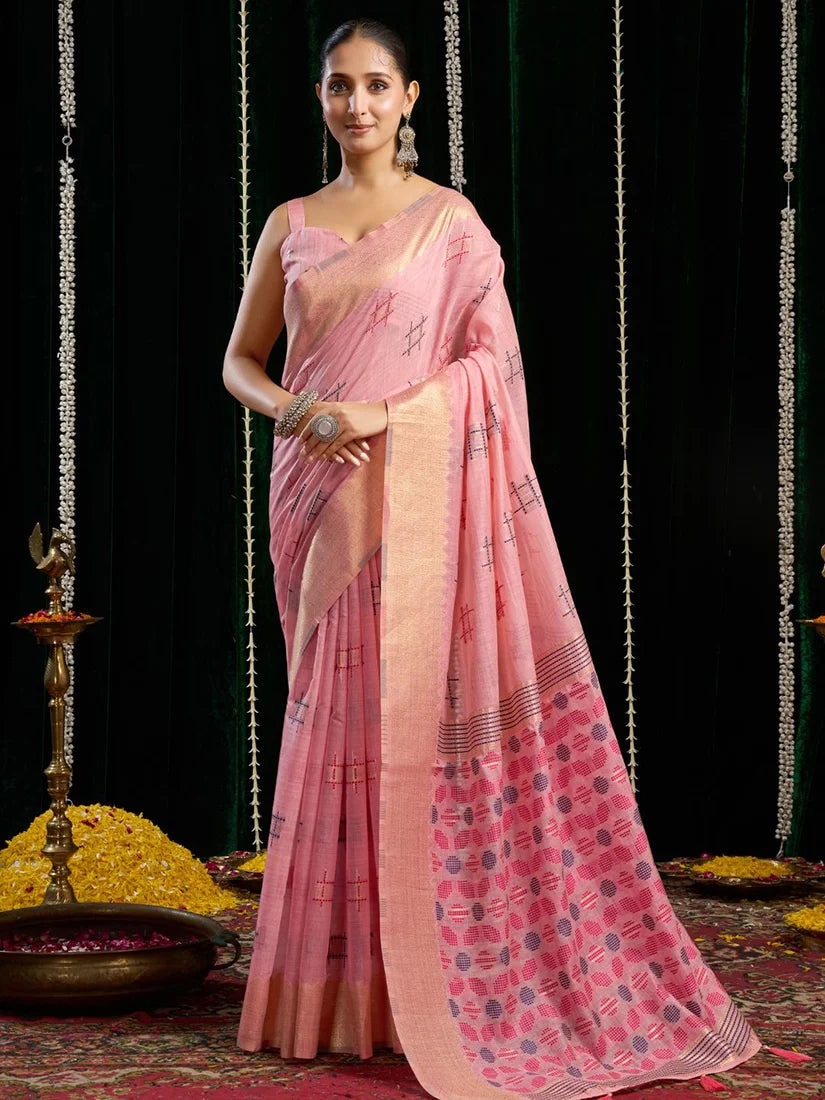 Pink Cotton Blend Saree with Woven Geometric Motifs, front