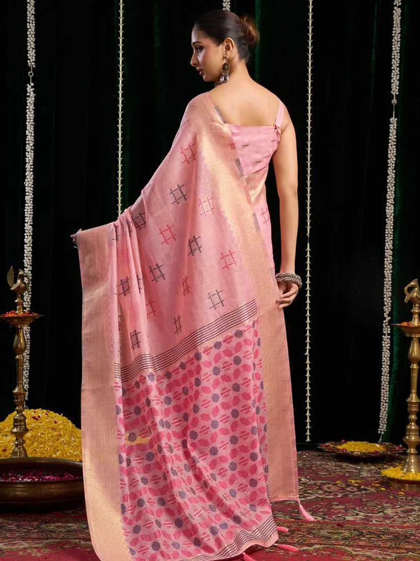 Pink Cotton Blend Saree with Woven Geometric Motifs, back with pallu