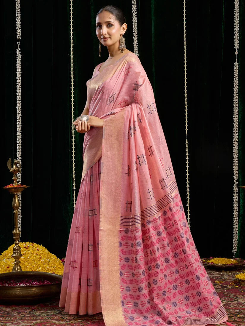Pink Cotton Blend Saree with Woven Geometric Motifs, side
