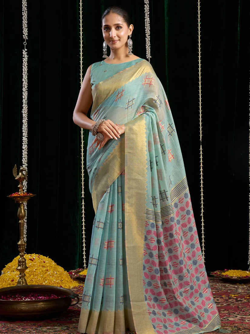 Sky Blue Cotton Blend Saree with Woven Geometric Motifs, front