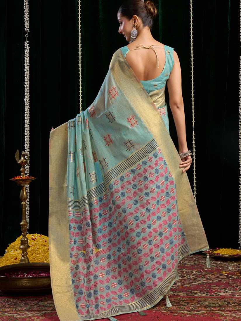 Sky Blue Cotton Blend Saree with Woven Geometric Motifs, back with pallu