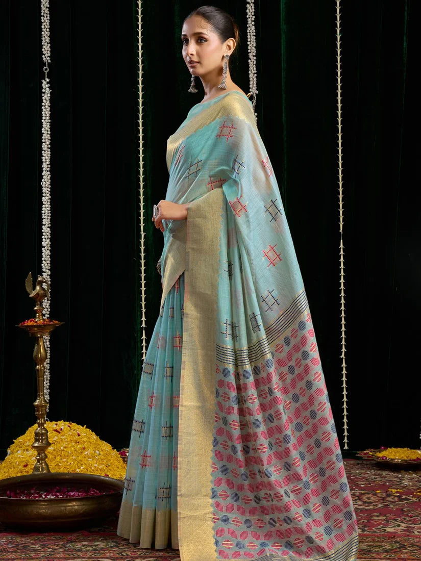 Sky Blue Cotton Blend Saree with Woven Geometric Motifs, side