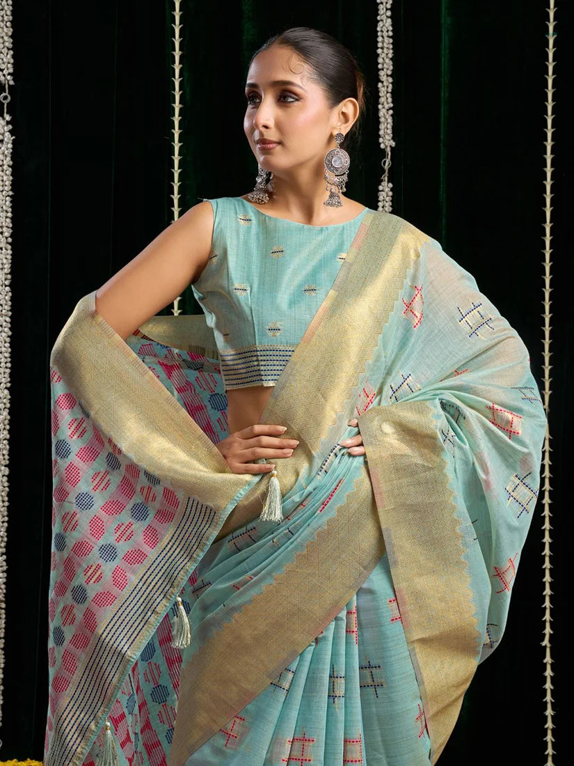 Sky Blue Cotton Blend Saree with Woven Geometric Motifs, drape detail