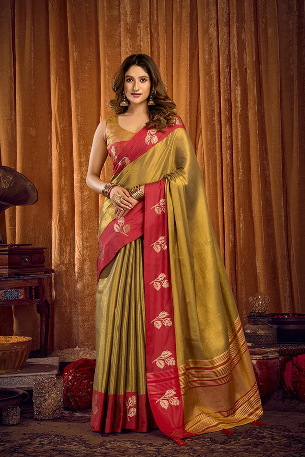Olive Tissue Saree with Contrast Zari Border, front