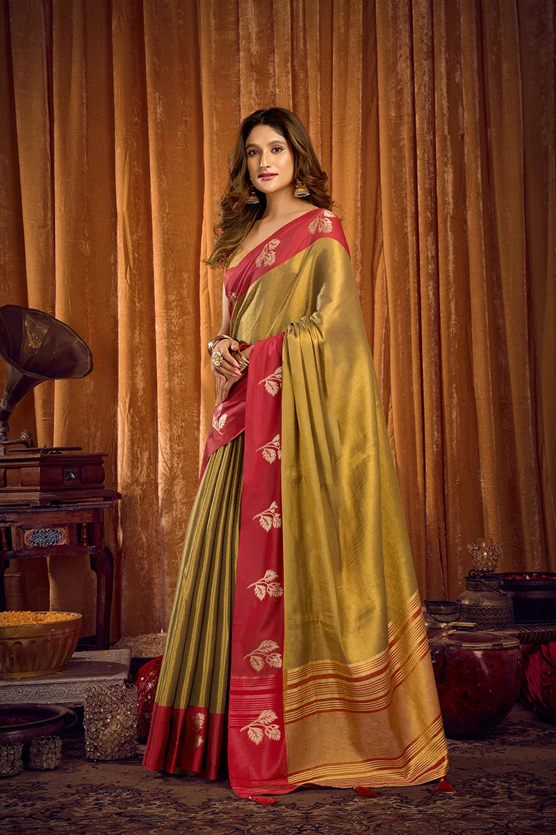 Olive Tissue Saree with Contrast Zari Border, side