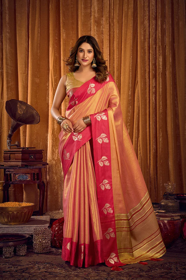 Peach Tissue Saree with Contrast Zari Border, front