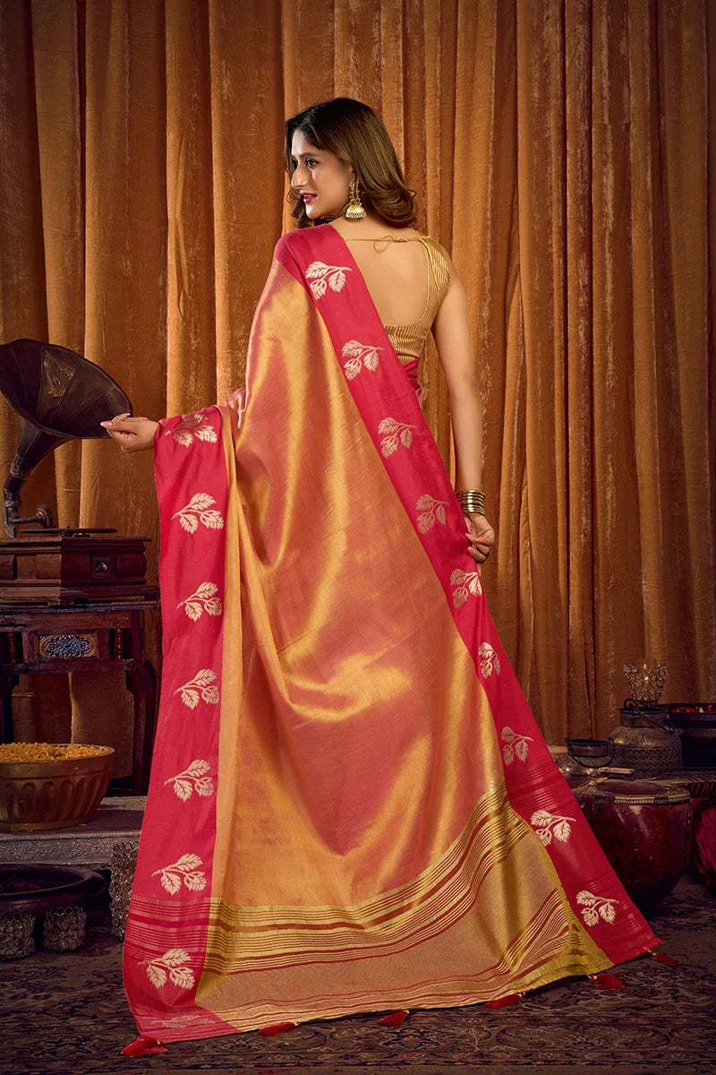 Peach Tissue Saree with Contrast Zari Border, back with pallu