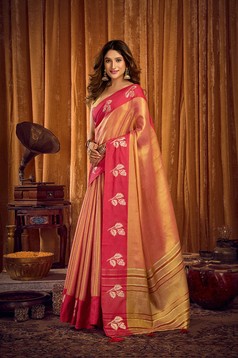 Peach Tissue Saree with Contrast Zari Border, side