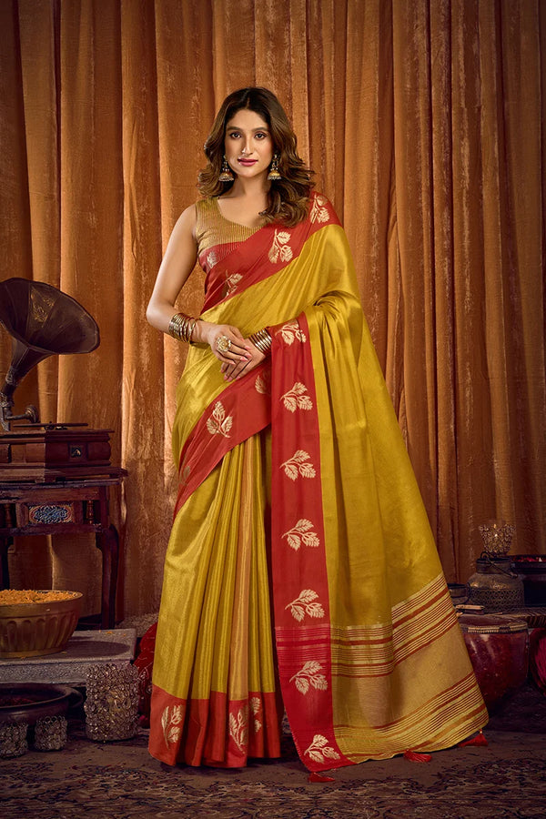 Mustard Tissue Saree with Contrast Zari Border, front
