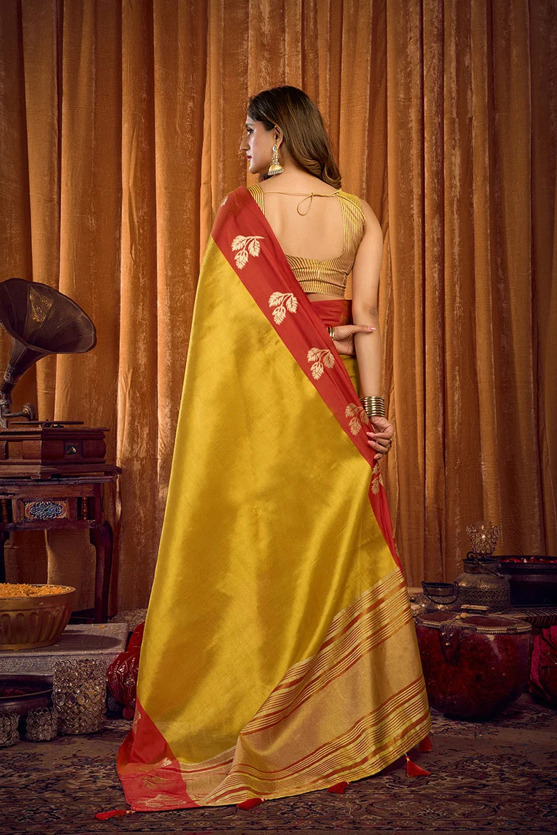 Mustard Tissue Saree with Contrast Zari Border, back with pallu