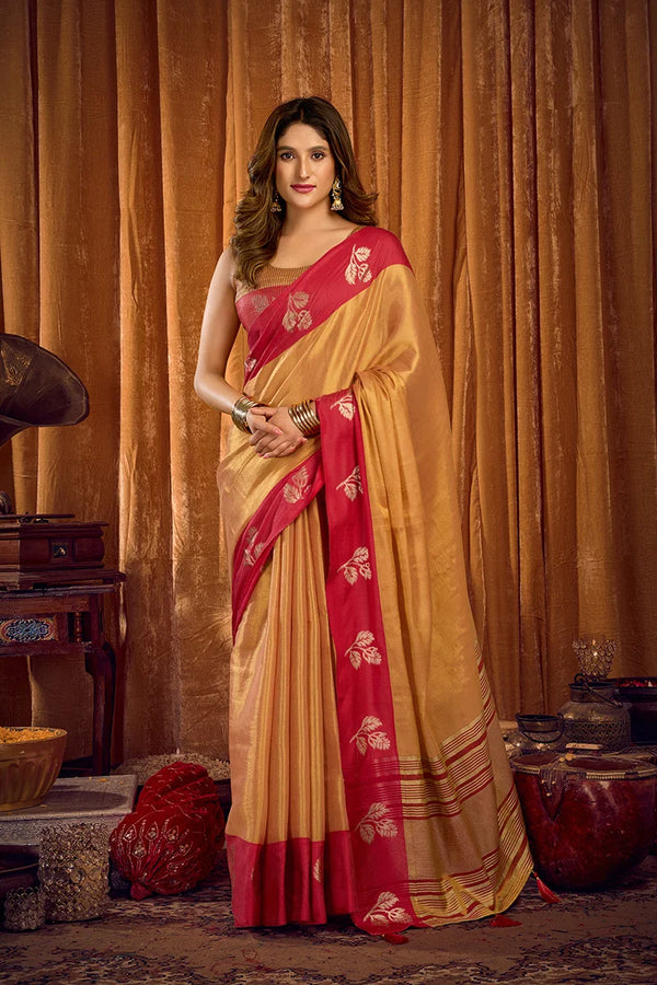 Beige Tissue Saree with Contrast Zari Border, front