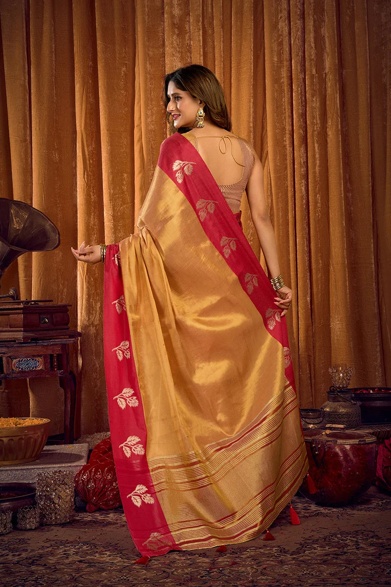 Beige Tissue Saree with Contrast Zari Border, back with pallu