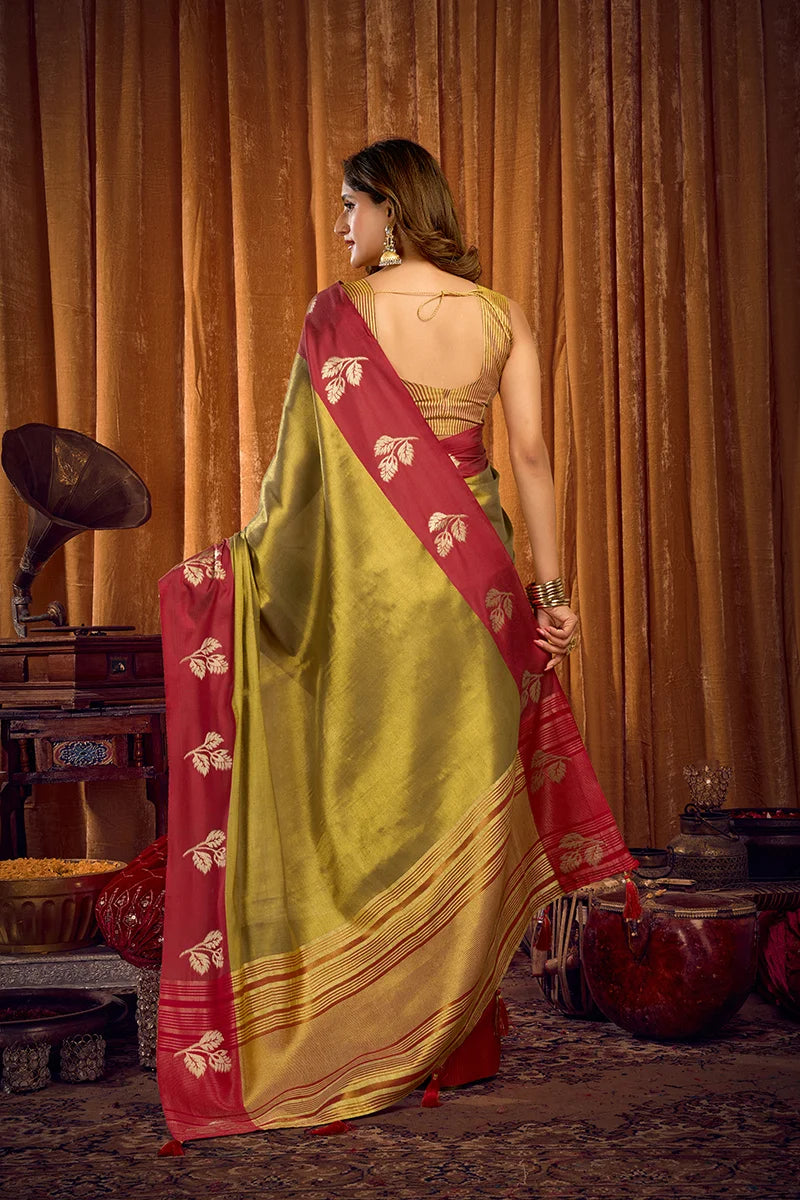 Olive Tissue Saree with Contrast Zari Border, back with pallu