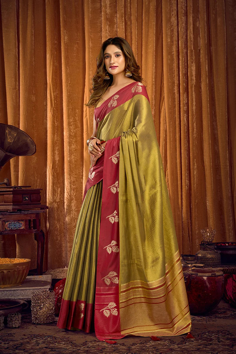 Olive Tissue Saree with Contrast Zari Border, side