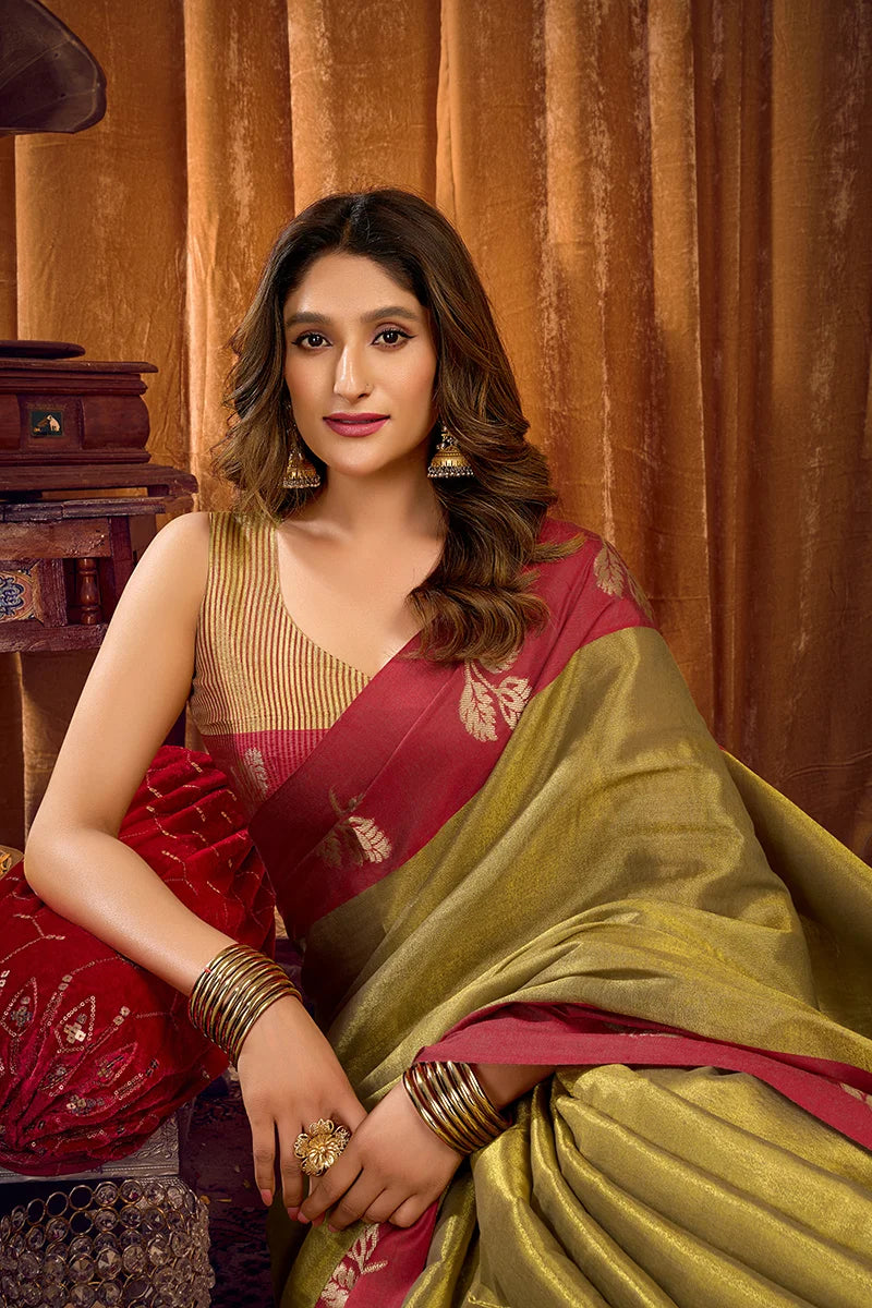 Olive Tissue Saree with Contrast Zari Border, drape detail