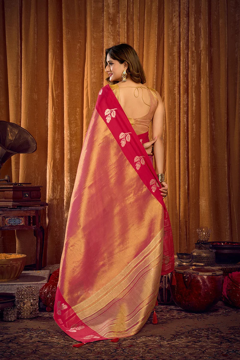 Pink Tissue Saree with Contrast Zari Border, back with pallu