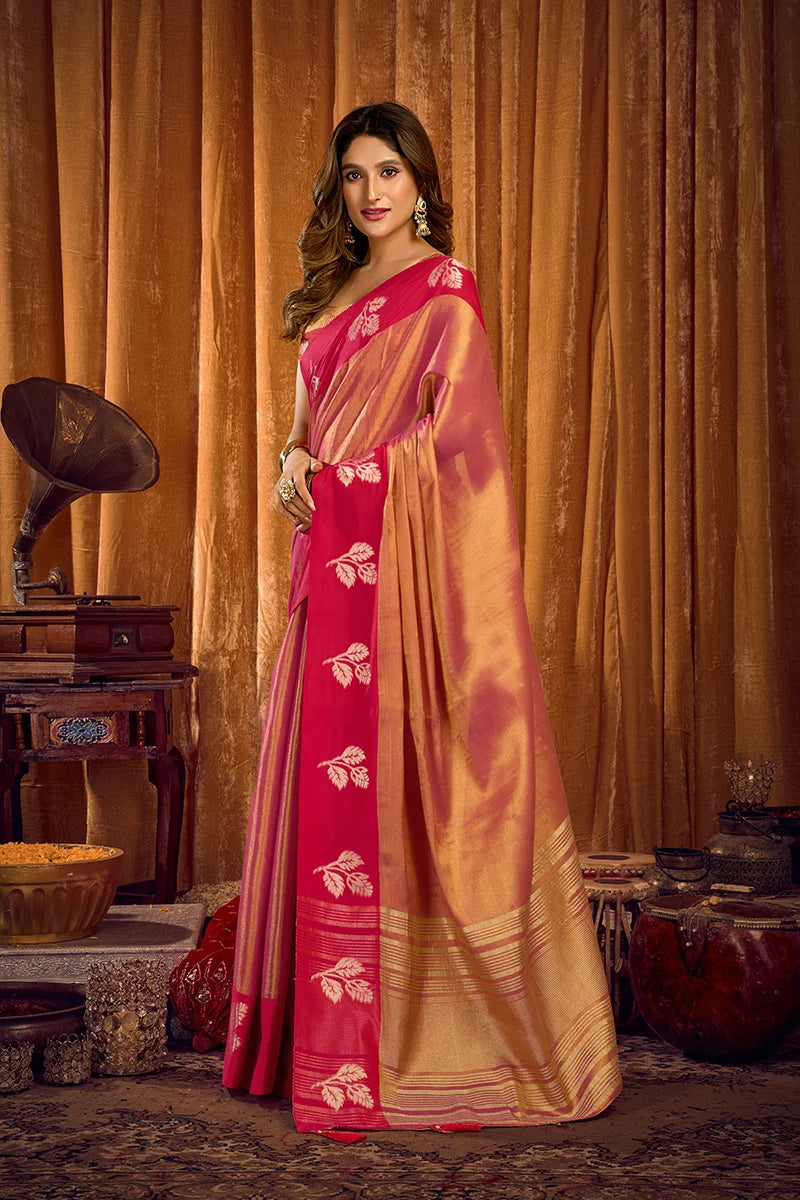 Pink Tissue Saree with Contrast Zari Border, side