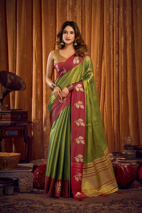 Green Tissue Saree with Contrast Zari Border, front
