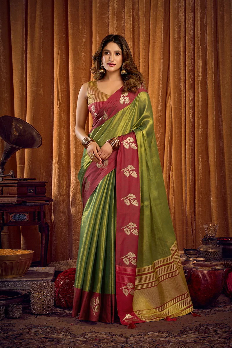 Green Tissue Saree with Contrast Zari Border, front
