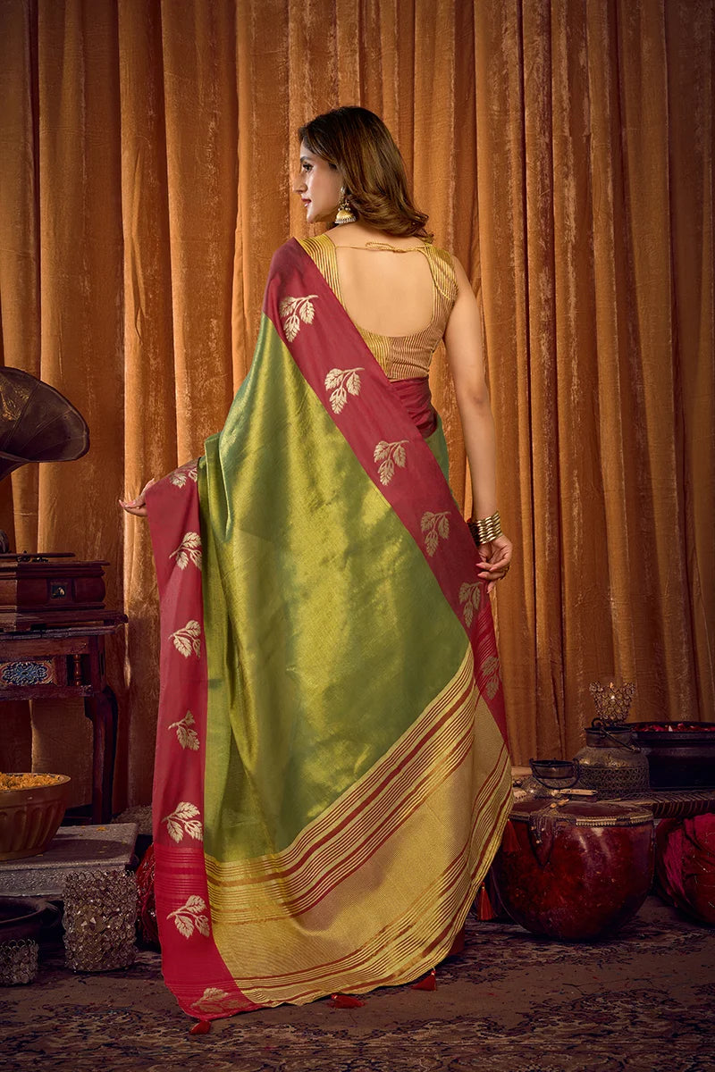 Green Tissue Saree with Contrast Zari Border, back with pallu