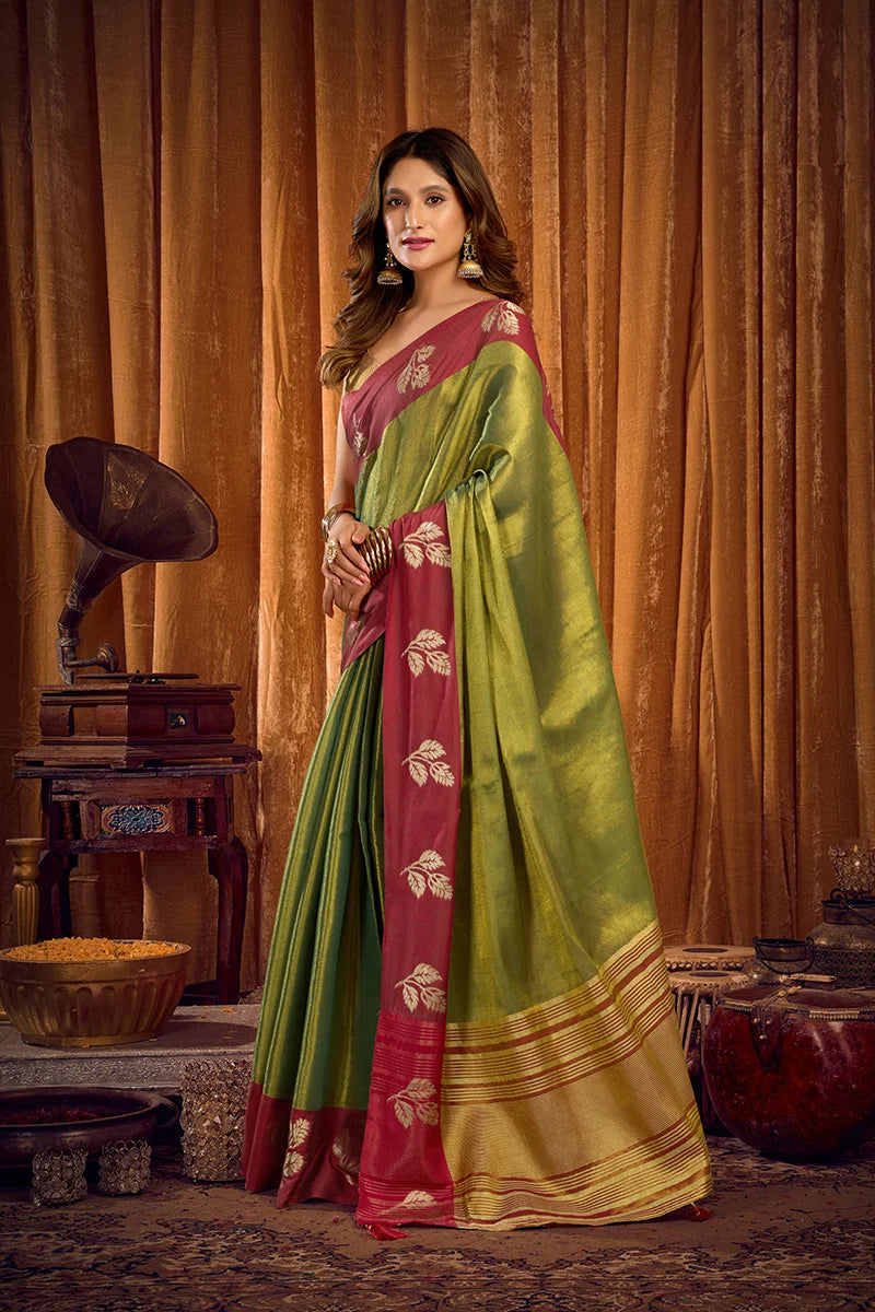 Green Tissue Saree with Contrast Zari Border, side