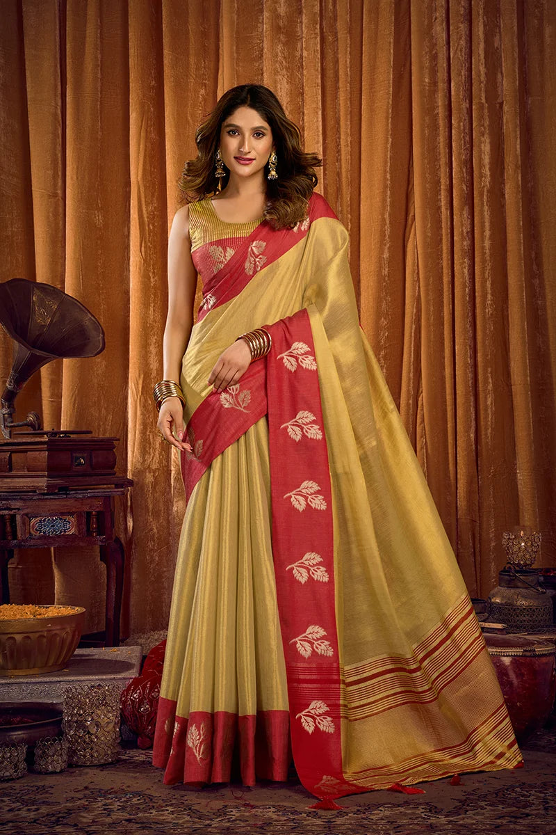 Beige Tissue Saree with Contrast Zari Border, front