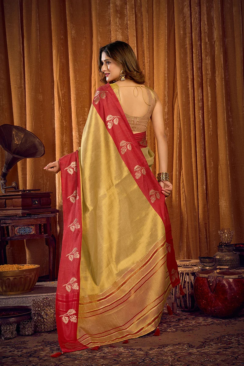 Beige Tissue Saree with Contrast Zari Border, back with pallu
