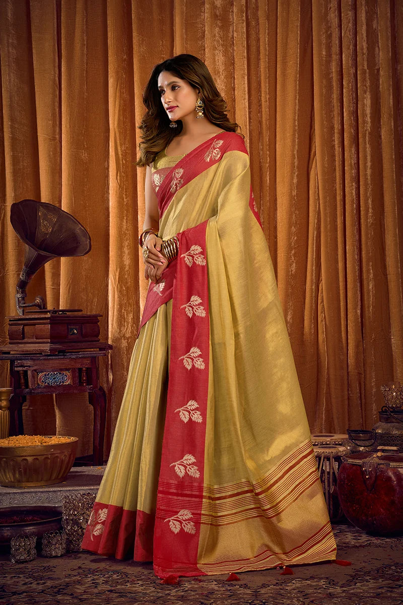 Beige Tissue Saree with Contrast Zari Border, side