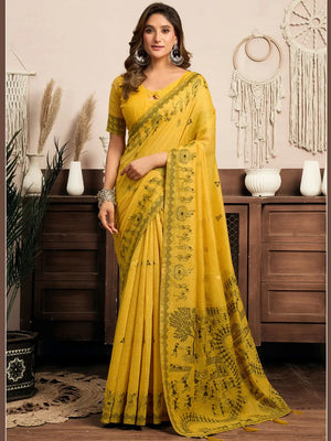Mustard Cotton Blend Saree with Warli-Style Print