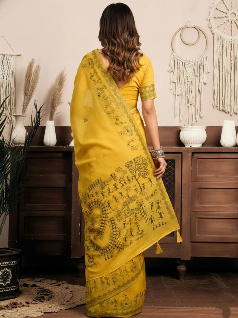 Mustard Cotton Blend Saree with Warli-Style Print, back with pallu