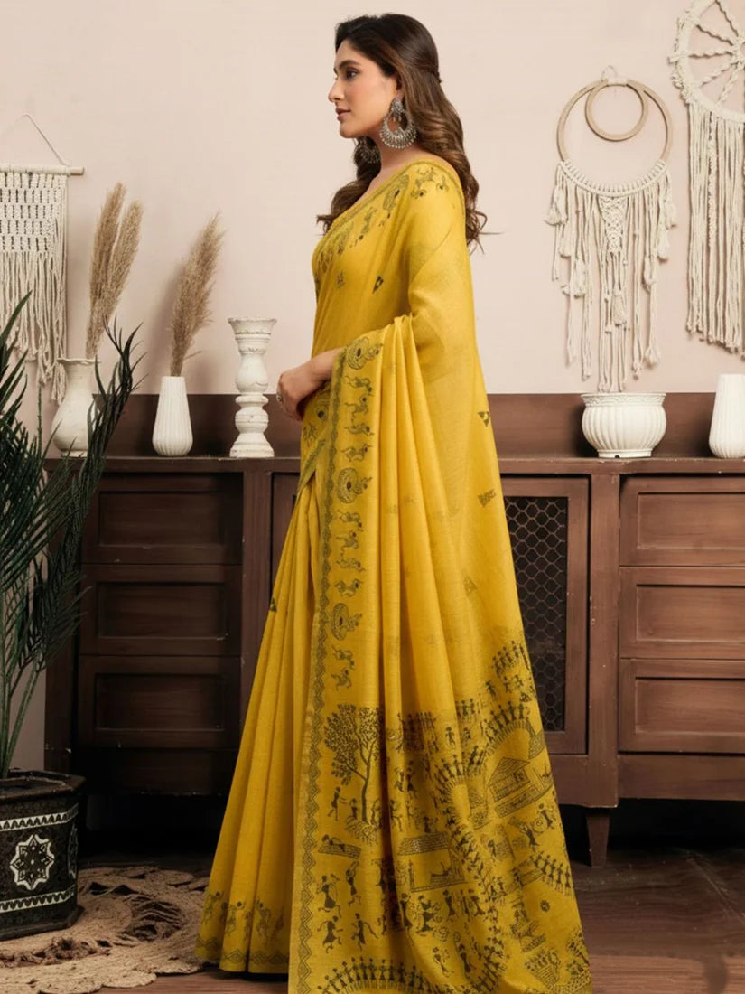 Mustard Cotton Blend Saree with Warli-Style Print, side