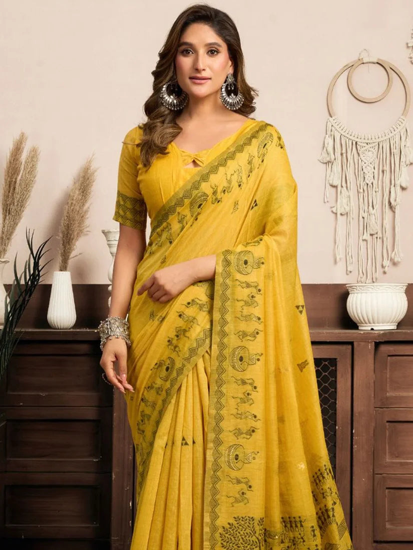 Mustard Cotton Blend Saree with Warli-Style Print, drape detail