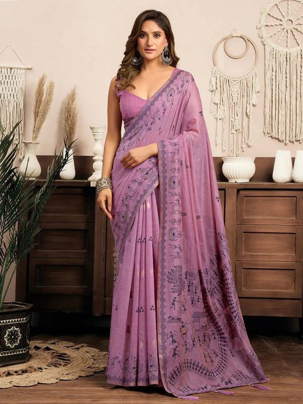 Lilac Cotton Blend Saree with Warli-Style Print, front