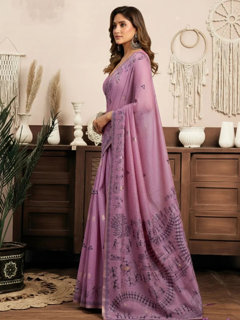 Lilac Cotton Blend Saree with Warli-Style Print, styled on model
