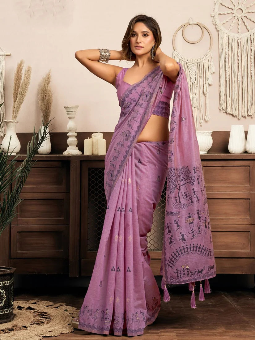 Lilac Cotton Blend Saree with Warli-Style Print, side