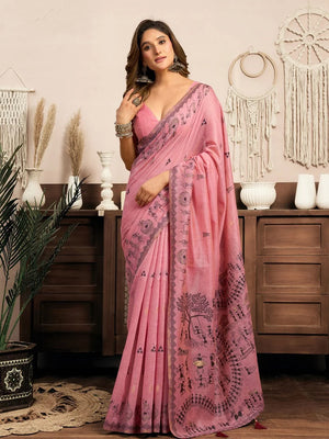Pink Cotton Blend Saree with Warli-Style Print
