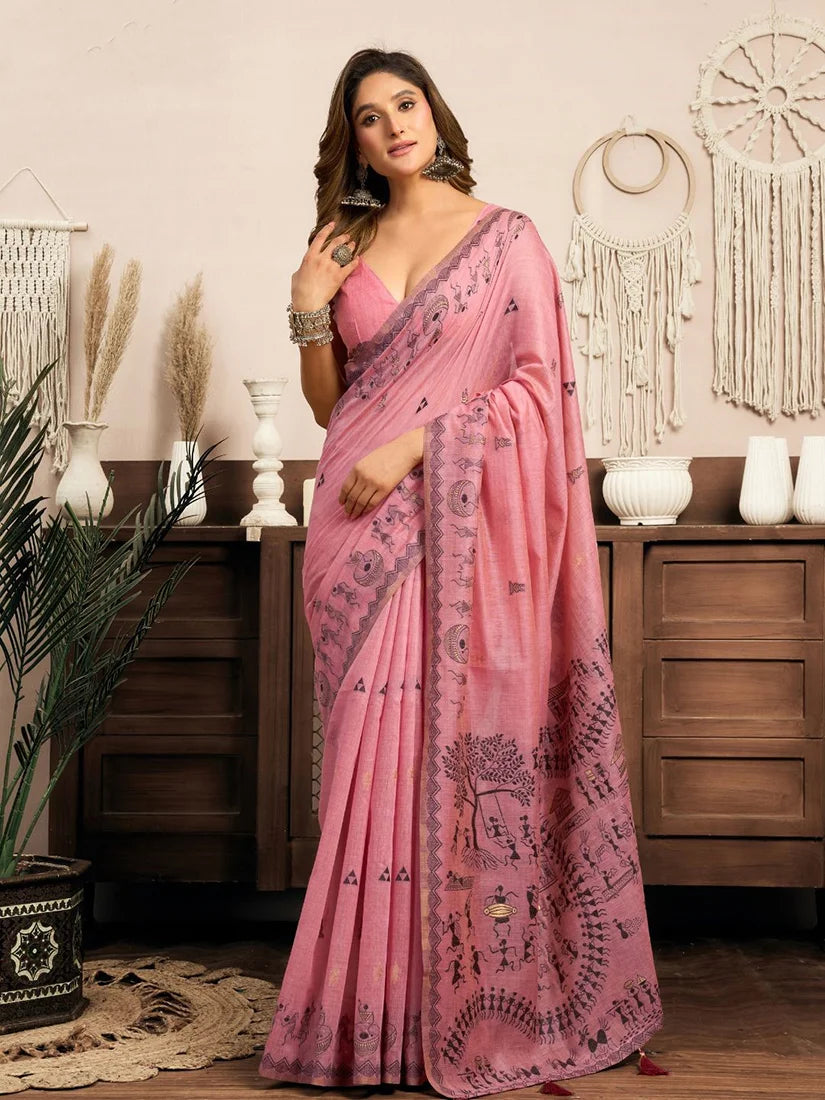 Pink Cotton Blend Saree with Warli-Style Print, front